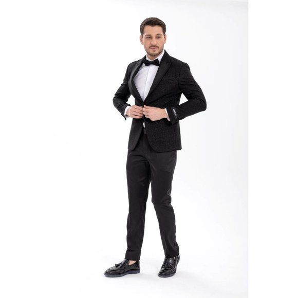Derman Black Pointed Collar Silvery Classic 2 Piece Tuxedo - Picture 4 of 7
